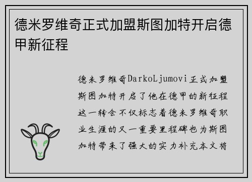 德米罗维奇正式加盟斯图加特开启德甲新征程